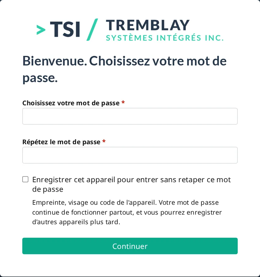 L'écran d'inscription : deux fois le mot de passe, la case est facultative.